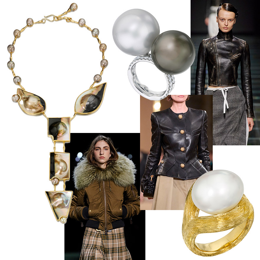 Assael Fiji Shell Blister necklace, Assael Gem South Sea pearl and Diamond ring with Gem Tahitian Pearl and Diamond ring, Prada F/W 2024, Balmain F/W 2024, Assael South Sea Pearl and Gold ring (need to hyperlink), Burberry F/W 2024