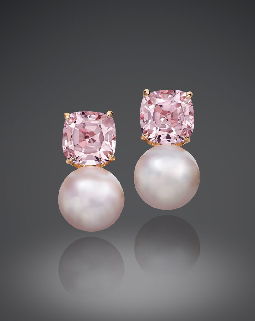 Akoya pearl and cushion-cut morganite earrings