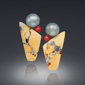 Tahitian pearl, malign jasper & Sardinian coral earrings