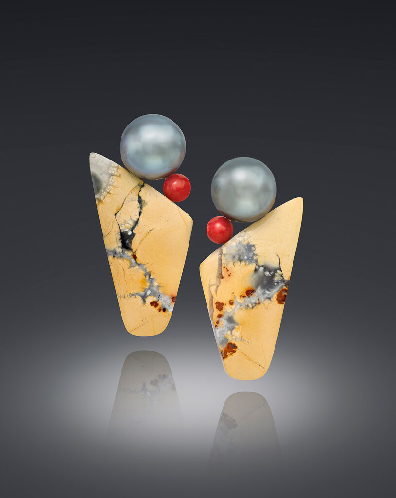 Tahitian pearl, malign jasper & Sardinian coral earrings