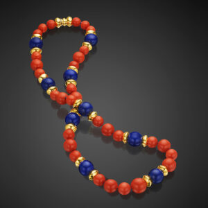 Sardinian coral and lapis necklace The Red and the Blue. Thirty-two responsibly sourced Sardinian Natural Color Coral Beads