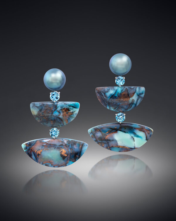 Tahitian pearl, opalized fossil wood & aquamarine earrings