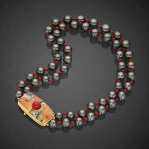 Tahitian pearl, Sardinian coral & jasper necklace