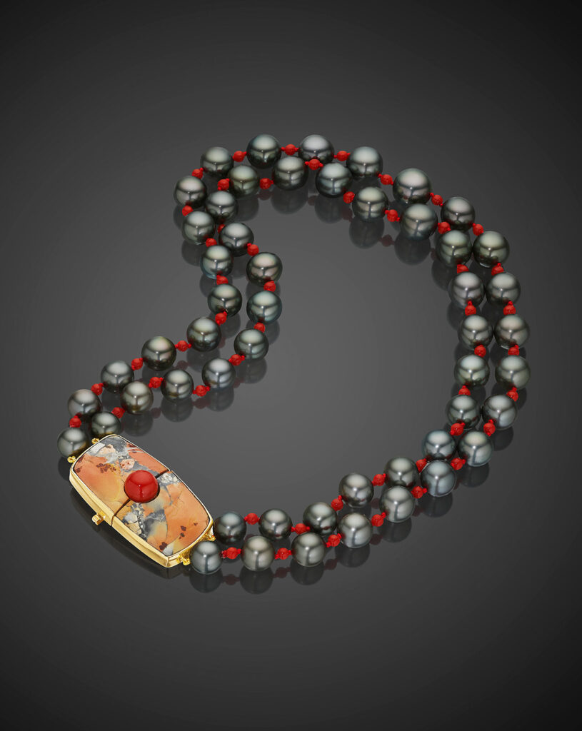 Tahitian pearl, Sardinian coral & jasper necklace